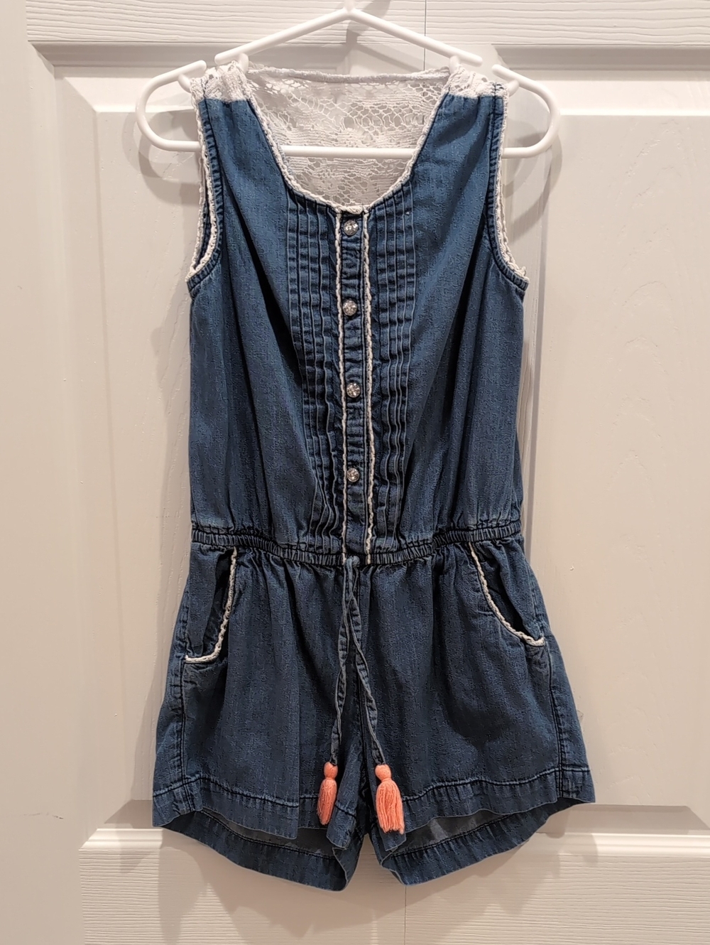 Girls' Denim Lace-Back Romper with Coral Tassels
